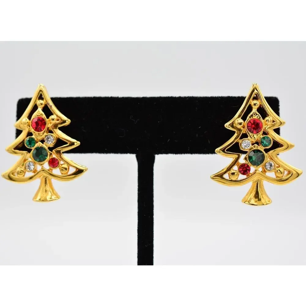 Vintage Christmas Tree Earrings Rhinestone Crystal Gold Tone Shiny 1980s BinAA